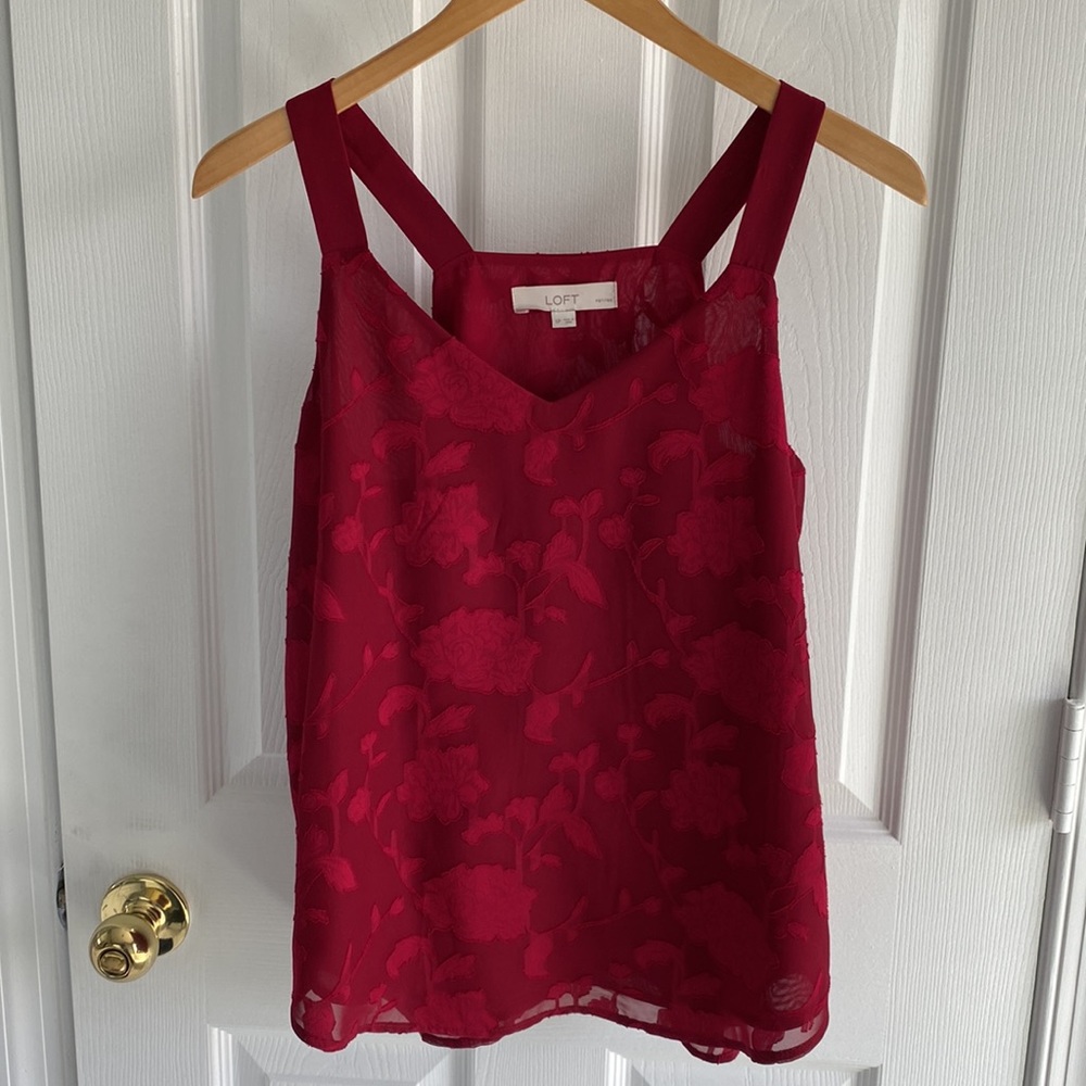 Loft Wine Red Embroidered Floral Tank Top